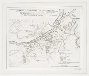 Sketch of the skirmish at Petersburg: between the Royal Army under the command of Major Gel. Phillips and the American army commanded by Major Genl. Steuben in which the latter were defeated, 25th April 1781