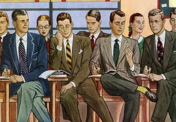 Students at Desks Sitting in a 1940s College Classroom