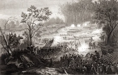 The Battle at Pittsburg Landing, Engraved by H. B. Hall, 1862