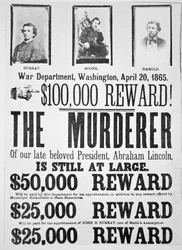 Washington War Department poster announcing a 1,000 reward for finding the murderer of Abraham Lincoln (1809-65), 20th April 1865