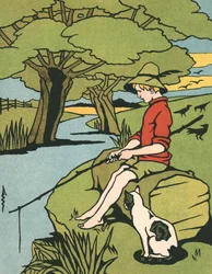 Young Boy Fishing in a River with His Cat