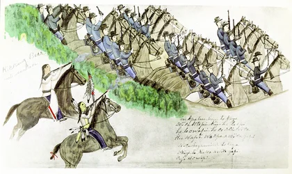 Beginning of the Battle of Little Big Horn River, Montana, 25 June 1876. Plains Indians and U.S. Cavalry. From painting by Sioux Indian Amos Bad Heart Buffalo.