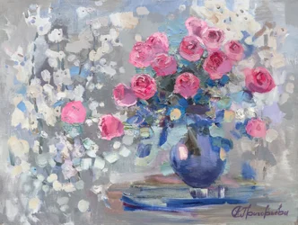 Vibrant Pink Roses Blue Vase