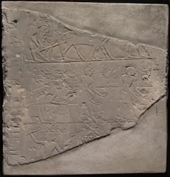 Fragment of a Stela Depicting Plowing, Harvesting, and Fowling