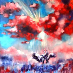 Two Cranes Red Clouds