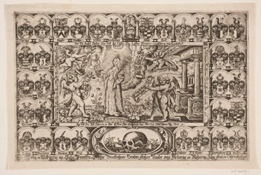 Sophie Brockenhuus and Four Geniuses, Surrounded by Ancestral Shields. From Funeral Sermon