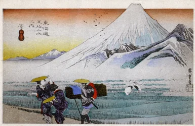 Geography. Japan. Hara, Mount Fuji in the Morning (13th station). Woodcut by Hiroshige in: Fifty Three Stations of the Tokaido (1833-1834). Postcard, Japan, c.1900