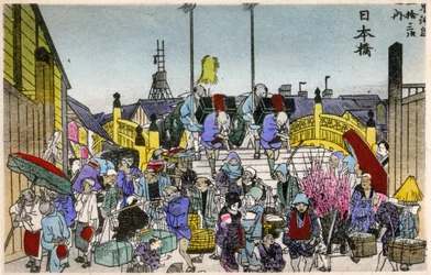 Geography. Japan. The Morning glow at the Nihonbashi (1st station). Woodcut by Hiroshige in: Fifty Three Stations of the Tokaido (1833-1834). Postcard, Japan, c.1900