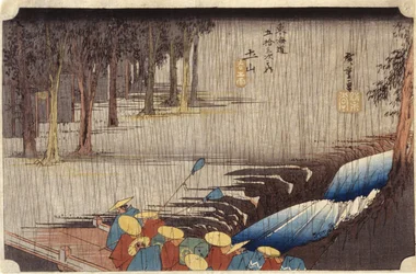 Figures on Bridge in Rain