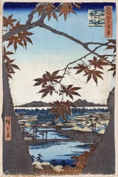 Maple Leaves and the Tekona Shrine and Bridge at Mama (One Hundred Famous Views of Edo). Japanese print by Utagawa Hiroshige (1797-1858)