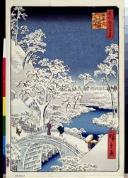 Yuhi Hill and the Drum Bridge at Meguro (One Hundred Famous Views of Edo). Japanese print by Utagawa Hiroshige (1797-1858)