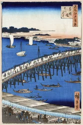 River Bank At Ryogoku Bridge. One Hundred Famous Views of Edo. Japanese print by Utagawa Hiroshige (1797-1858)