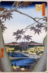 Maples to Mama with Tekona Temple and Tsugi Bridge. Prints by Katsushika (Utagawa) Hiroshige