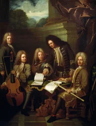 Composer Michel de la Barre directing Marin Marais and flutists of Chamber of King
