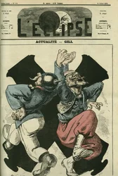 Actuals, Prussian soldier and French dancing in front of the cannons of the Franco-Prussian war. Cover in 