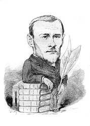 Cartoon by Georges Ohnet, a French writer representing with his books and pen. Drawing by Andre Gill. Engraving in 