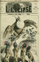 The eagle and the roosters, according to the fable, the Napoleonic eagle holds France in its beak ready to release it to foxes with a rooster