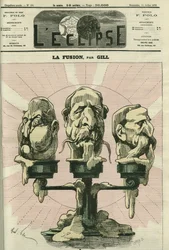 The fusion, an illustration of the constitution of the Assembly, with royalists, bonapartists, and republicans. Cover in 