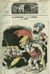 The situation, cartoon by Adolphe Thiers (1797-1877) and Leon Gambetta (1838-1882) giving a ministry to royalist and bonapartist dogs. Cover in L