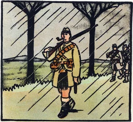 First World War 1914-1918: Highlander. The soldiers from Scotland came to help the French army. Their military uniform consists of one kilt. Engraving in 