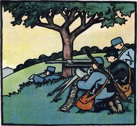 First World War 1914-1918: Soldiers of the French Army Using Machine Guns on the Battlefields. Engraving in 