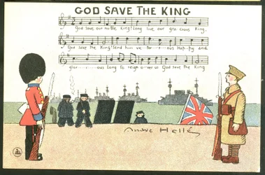 Postcard, Satirical in Colors: God save de king - War of 14 -18, England Great Britain, Singing - Soldiers Illustration by Andre Helle (1875-1945)