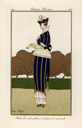 Woman in blue and yellow striped pekin silk satin dress