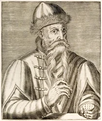 Johannes Gutenberg: German inventor whose invention of the movable type printing press started the printing revolution, from True Portraits by André Thévet published in 1584