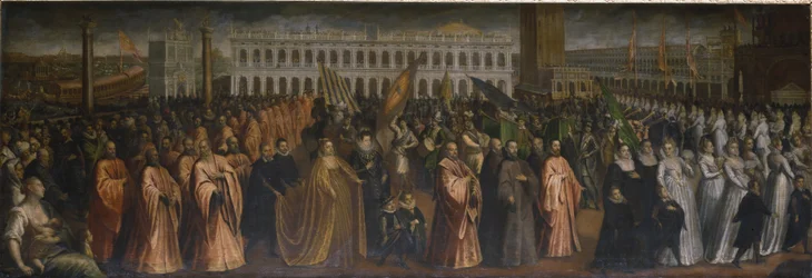 The Dogaressa Marina Morosini-Grimani leaving Palazzo Grimani for her coronation in the Palazzo Ducale, Venice