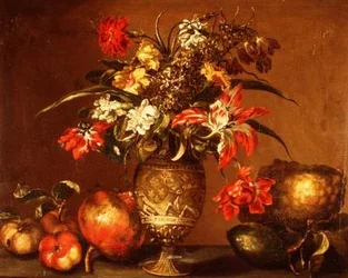 Tulips, a Carnation and Other Flowers in a Silver Gilt Vase with Fruit on a Ledge