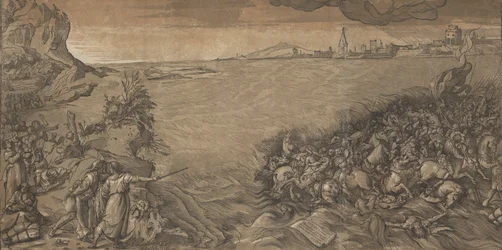 The crossing of the Red Sea, Moses stands at the left pointing to the army being submerged