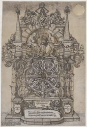 Triumph of Death with three fates in an architectural frame above a wheel of fortune
