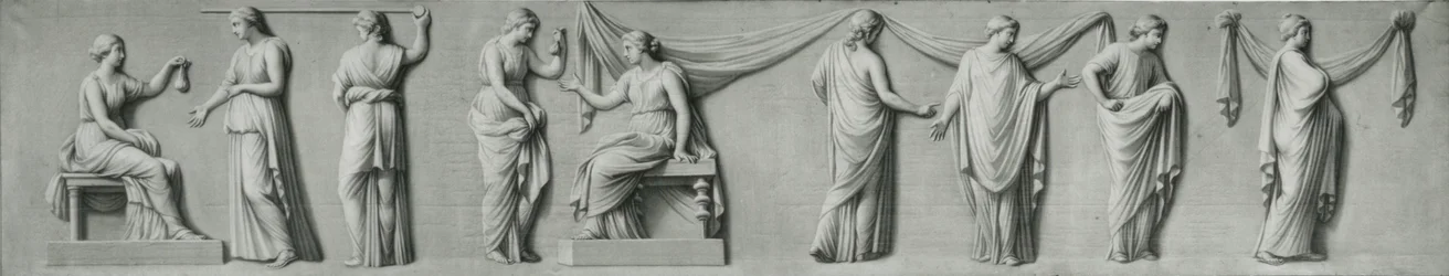 A grisaille panel depicting a female procession with lachrymatories