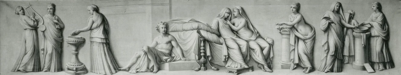 A grisaille panel depicting scenes based on the Aldobrandini Marriage