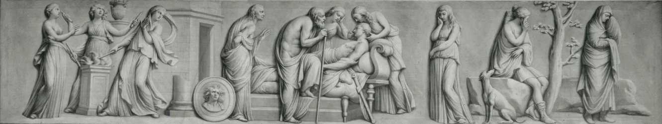 A grisaille panel, depicting the scene of the death of Meleager