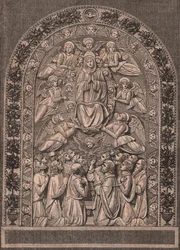 Assumption of Virgin, by Workshop of Andrea della Robbia, Pinacoteca di Citta di Castello, Umbria, Italy, woodcut from Le cento citta d