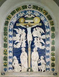 The Crucifixion with Saint Francis of Assisi, Saint John Evangelist, and Saint Jerome Inscribed INRI on the Cross. High Relief Ceramic by Andrea della Robbia around 1481. Santuario della Verna, Italy