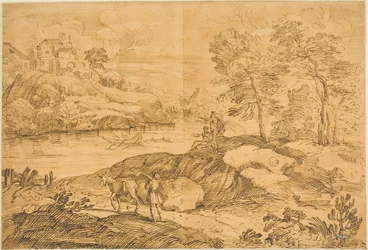 River Landscape with Man and Donkey, Bathers