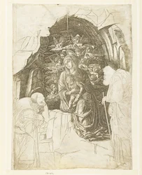 Mary with Child Surrounded by Angels in a Cave with Joseph and King in Adoration