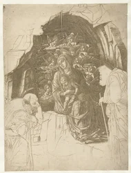 Mary with Child Surrounded by Angels in a Cave with Joseph and King in Adoration