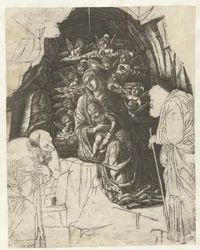 Mary with Child Surrounded by Angels in a Cave with Joseph and King in Adoration