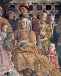 Barbara of Brandenburg with Her Daughter Paula and Rodolfo Gonzaga, Detail from Court Wall, by Andrea Mantegna, Fresco, San Giorgio Castle, Wedding Chamber or Camera Picta, Mantua