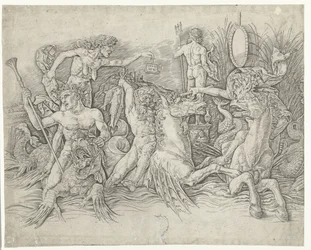 Battle Between Satyrs Riding Hippocampi and Old Woman as Personification of Envy Standing on Back of Dragon