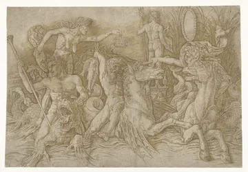Battle between Satyrs Riding Hippocampi and Old Woman as Personification of Envy Standing on Back of Dragon (series title: Battle of Sea Gods)