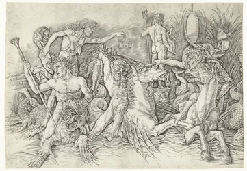 Battle Between Satyrs Riding Hippocampi and Old Woman as Personification of Envy Standing on Dragon