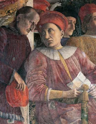 Ludovico Gonzaga and Counselor Marsilio Andreasi, Detail from Court Wall by Andrea Mantegna, Fresco, San Giorgio Castle, Wedding Chamber or Camera Picta, Mantua