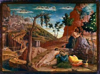 Prayer in the Garden of Olives. After the last supper, Christ goes to the hill of Gethsemani, which dominates Jerusalem with the Apostles. Roman soldiers are approaching to stop him. Altarpiece of San Zeno de Verona. Painting (tempera) on wood by Andrea Ma