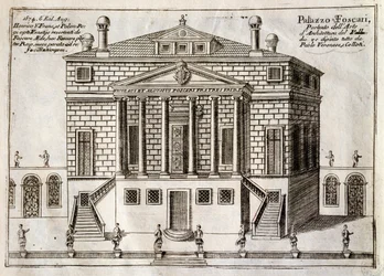 Main facade of Villa Foscari, known as La Malcontenta, Mira, designed by Andrea Palladio (1508-1580), engraving from Along Brenta Canal, almost borough of city of Venice, by Vincenzo Coronelli (1650-1718), Venice