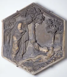 The Creation of Eve, hexagonal decorative relief tile from a series illustrating episodes from Genesis, possibly based on designs by Giotto, c.1334-48
