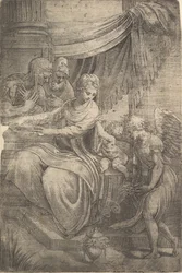 The Holy Family, an Angel Holding Flowers Approaching from the Right